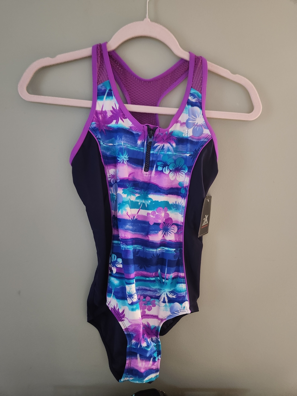 ZeroXposur Girls Navy & Purple Tropical One-Piece Swimsuit with Front Zip